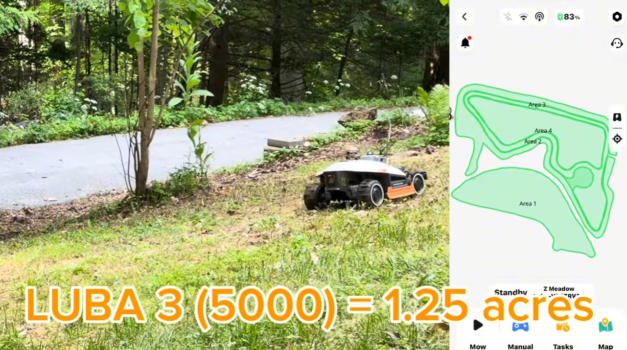 The Mammotion LUBA 3 mowing a wooded property with the app showing four mapped zones covering 1.25 acres