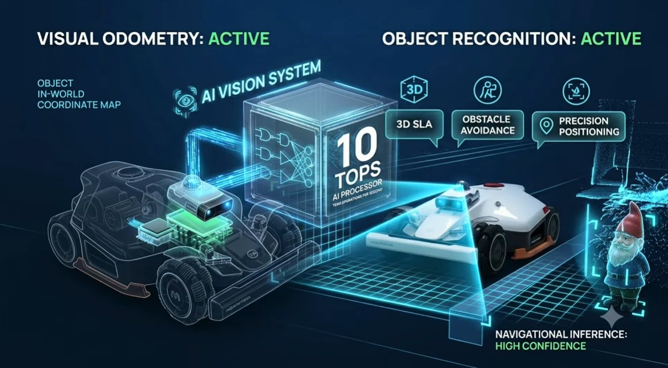 Diagram of the Mammotion LUBA 3 AI vision system with a 10 TOPS processor, visual odometry and object recognition