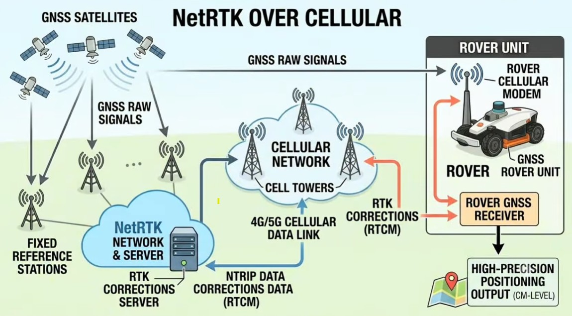 Diagram showing NetRTK corrections delivered over a cellular network to a robot mower for centimeter positioning