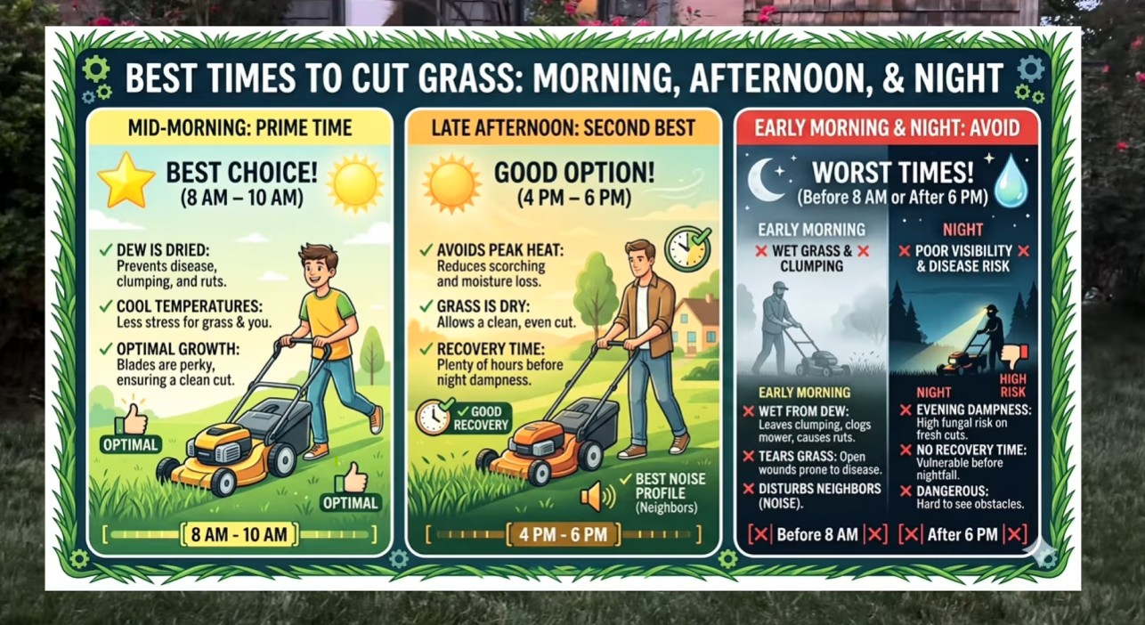 Infographic showing the best times to cut grass: mid-morning best, late afternoon second, early morning and night worst