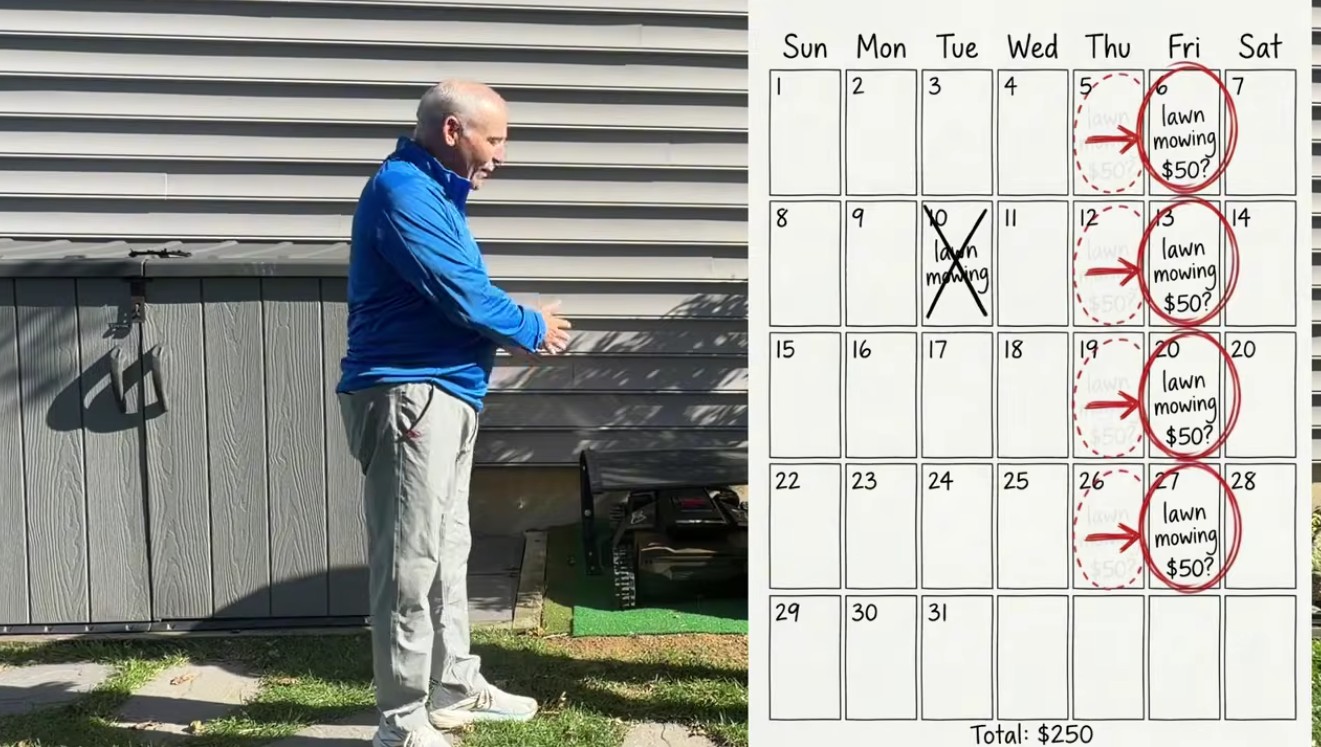 Greg standing beside the outdoor enclosure box at his Downingtown home, next to a calendar graphic with the $50 lawn mowing visits drifting from Thursday to Friday and a $250 monthly total