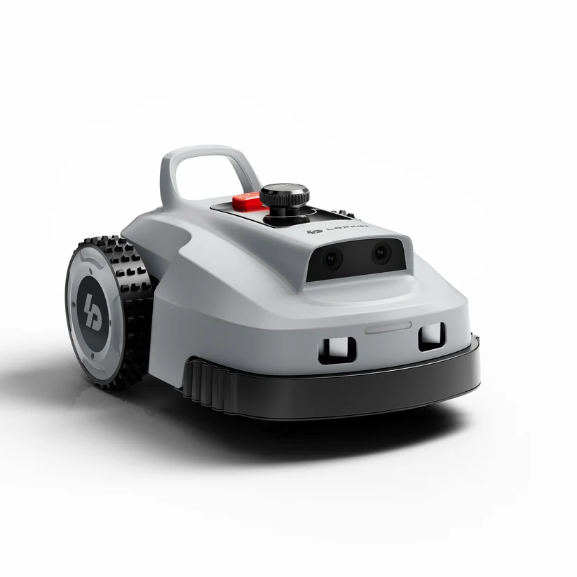 Lopkin L2500 robot lawn mower, front three-quarter view, showing the twin-lens 3D camera, STOP button and carry handle