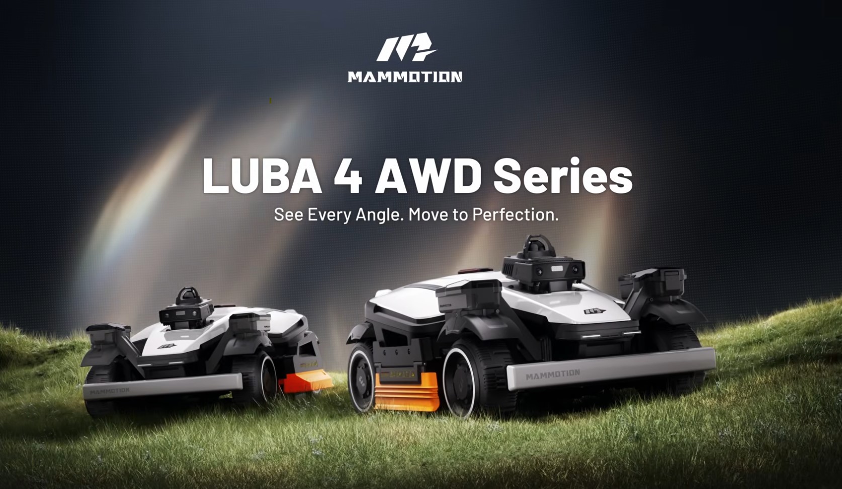 Two Mammotion LUBA 4 AWD robot mowers on a grassy rise, the LUBA 4 AWD Series launch image
