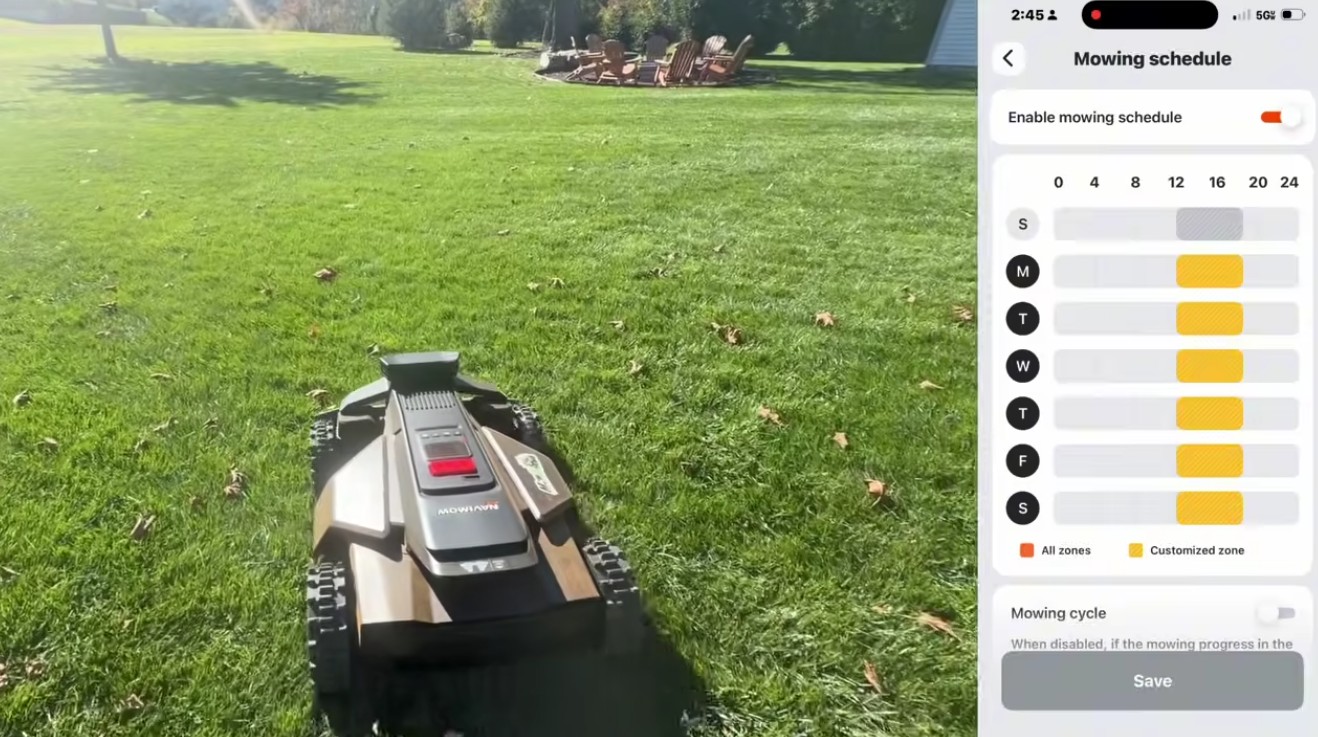 A Navimow X430 mowing a back lawn with a fire pit and Adirondack chairs behind it, beside a phone showing the Navimow app's weekly mowing schedule with Sunday left empty