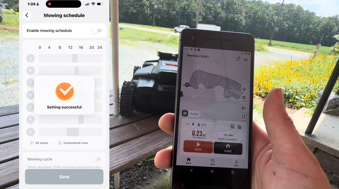The Navimow app's Mowing schedule screen with the Enable mowing schedule toggle, next to the X430 home screen showing the mapped lawn