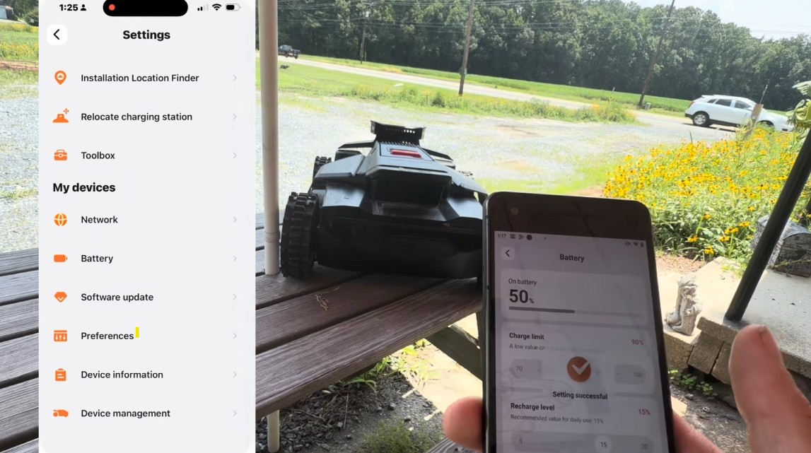 The Navimow settings menu and the Battery screen showing charge limit and recharge level values