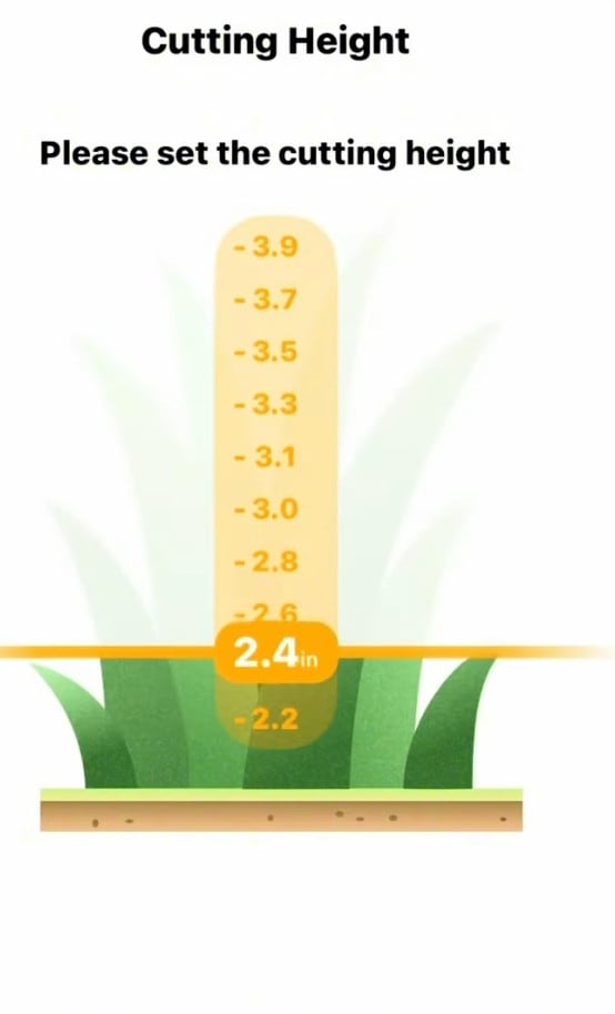 A robot mower app cutting-height screen set to 2.4 inches on a slider