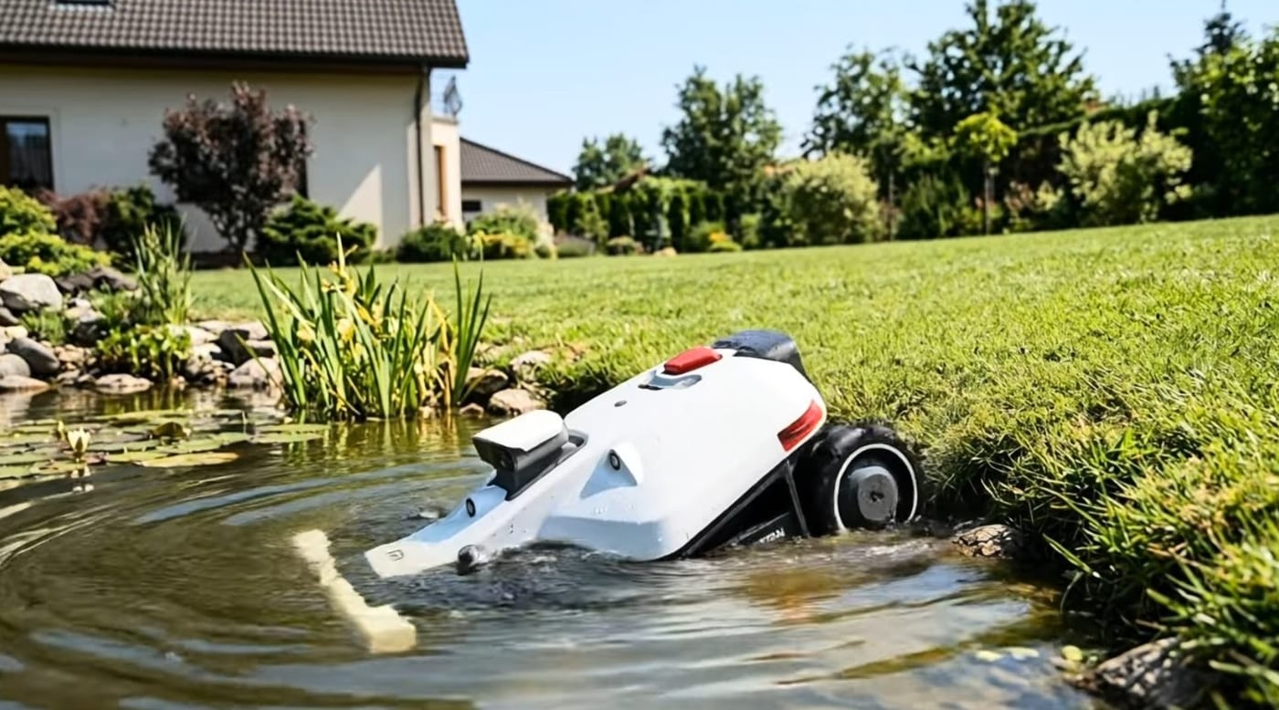 A robot mower half-submerged in a garden pond after being mapped without a buffer zone