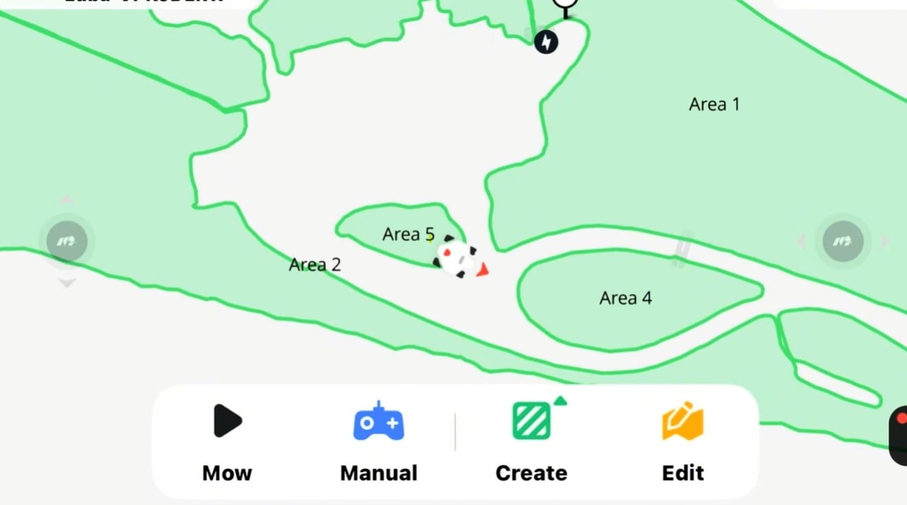 A robot mower app showing a lawn divided into five separate mowing zones
