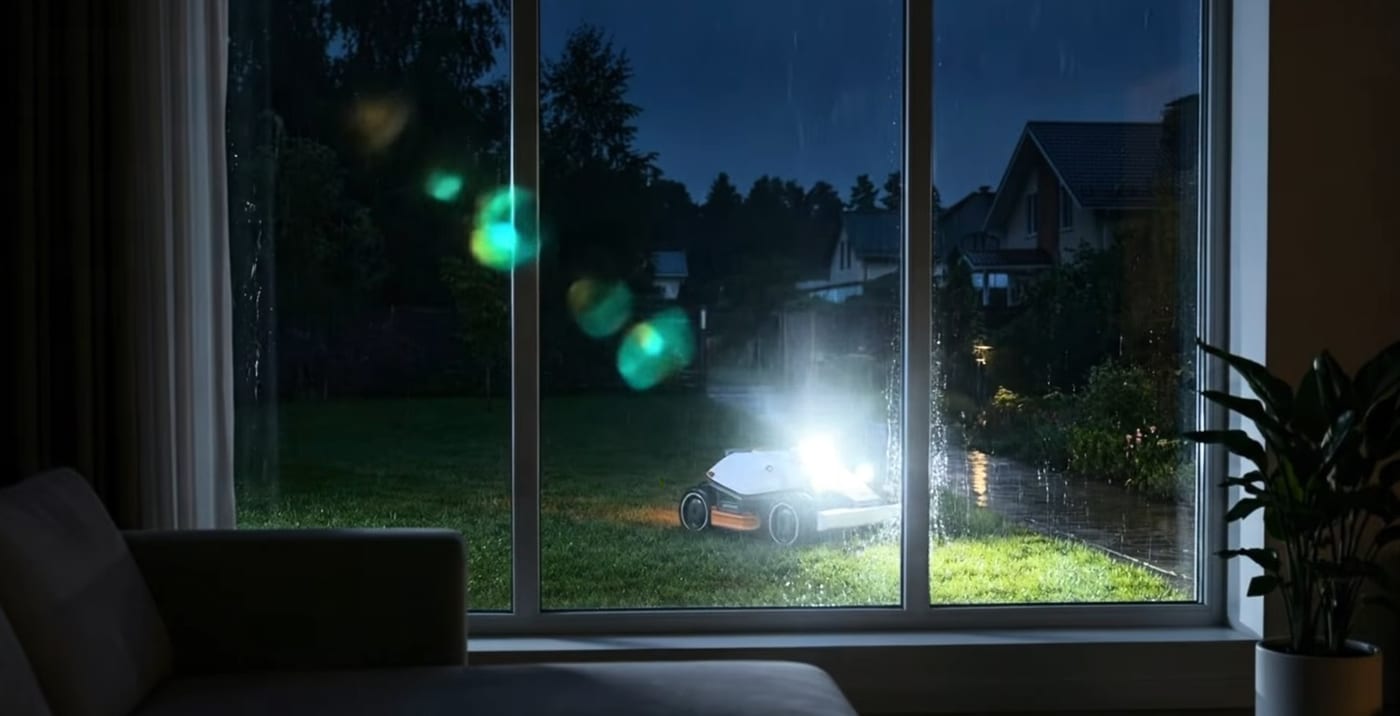 A robot mower with a bright headlight mowing a dark backyard at night, seen through a living-room window in the rain