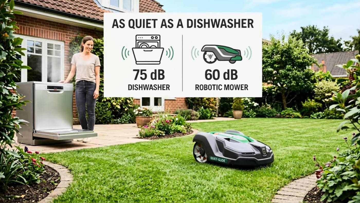 A comparison graphic showing a dishwasher at 75 decibels versus a robotic mower at 60 decibels