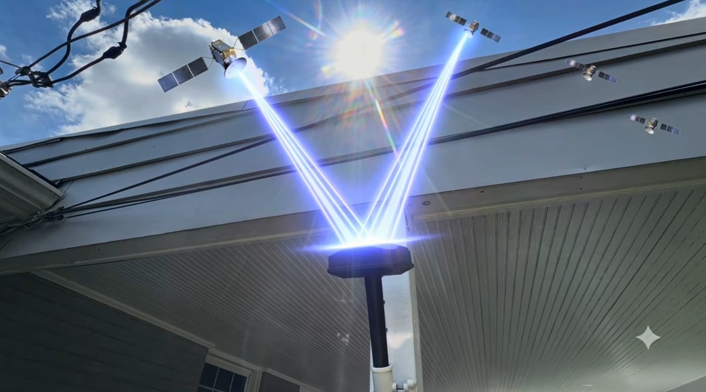 An RTK antenna on a home receiving signal beams from GPS satellites against a blue sky