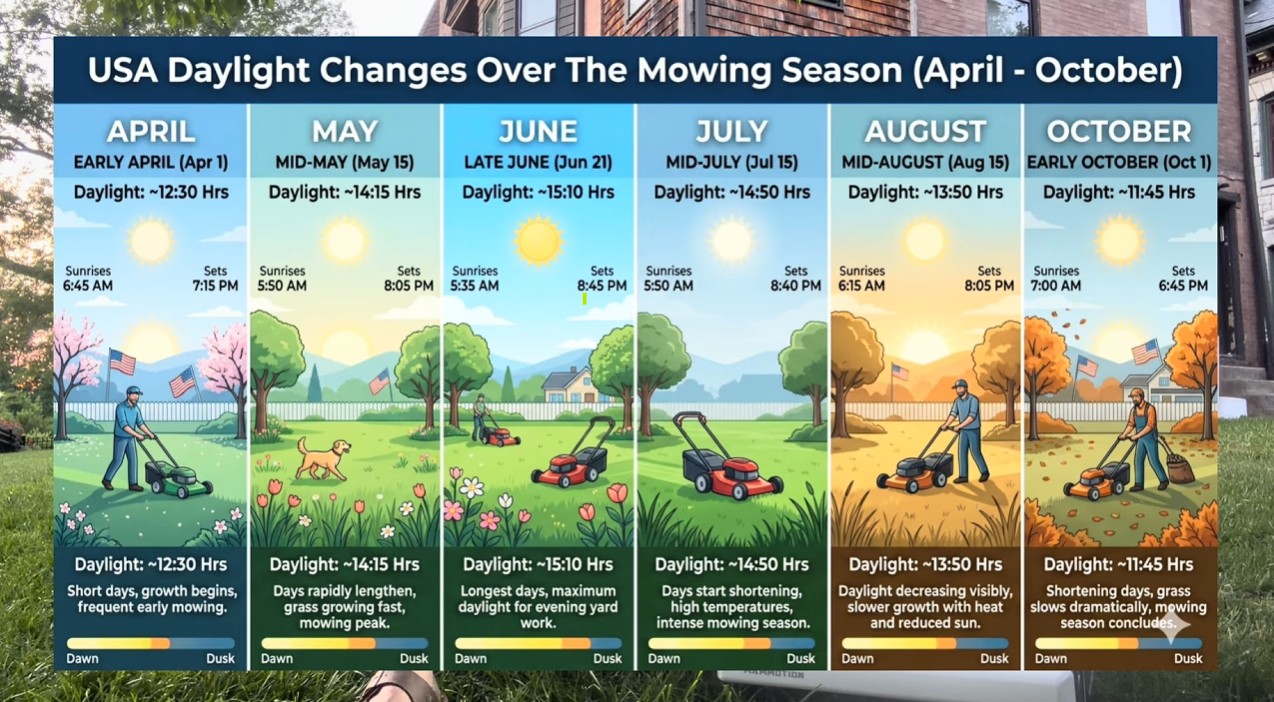 Chart of US daylight hours by month across the April to October mowing season