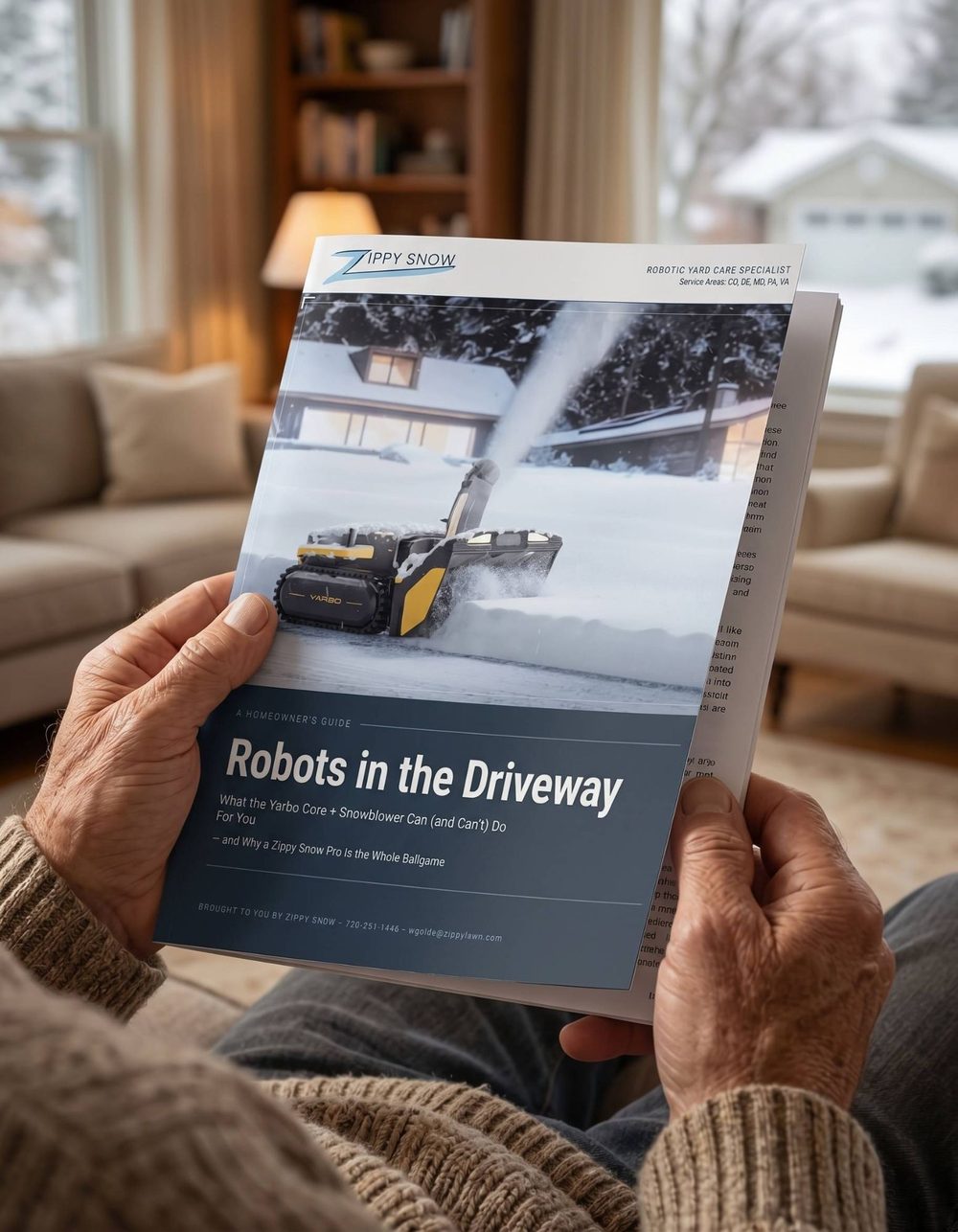 A homeowner reading the Robots in the Driveway guide by a window, snow outside