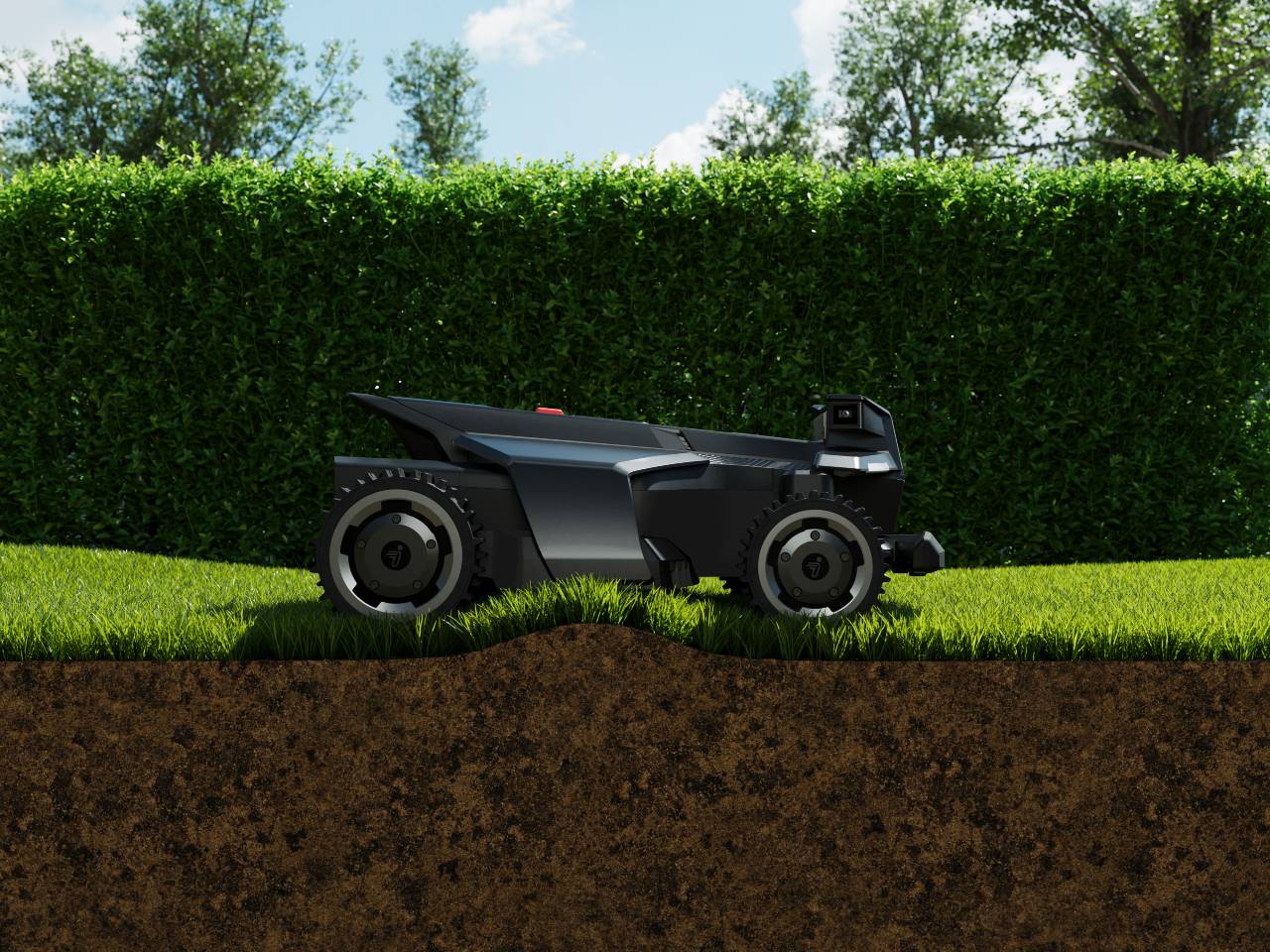A robotic mower's floating cutting deck hugging the ground contour for an even cut on uneven grade