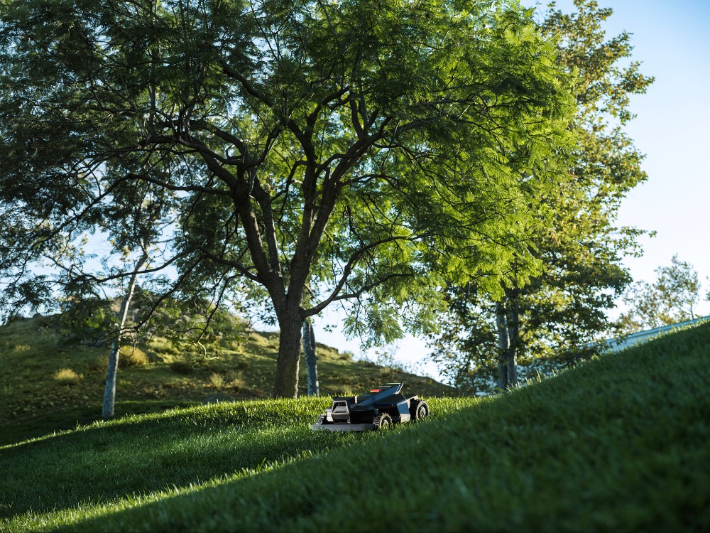 A robotic mower holding a gentle turf slope in a designed landscape