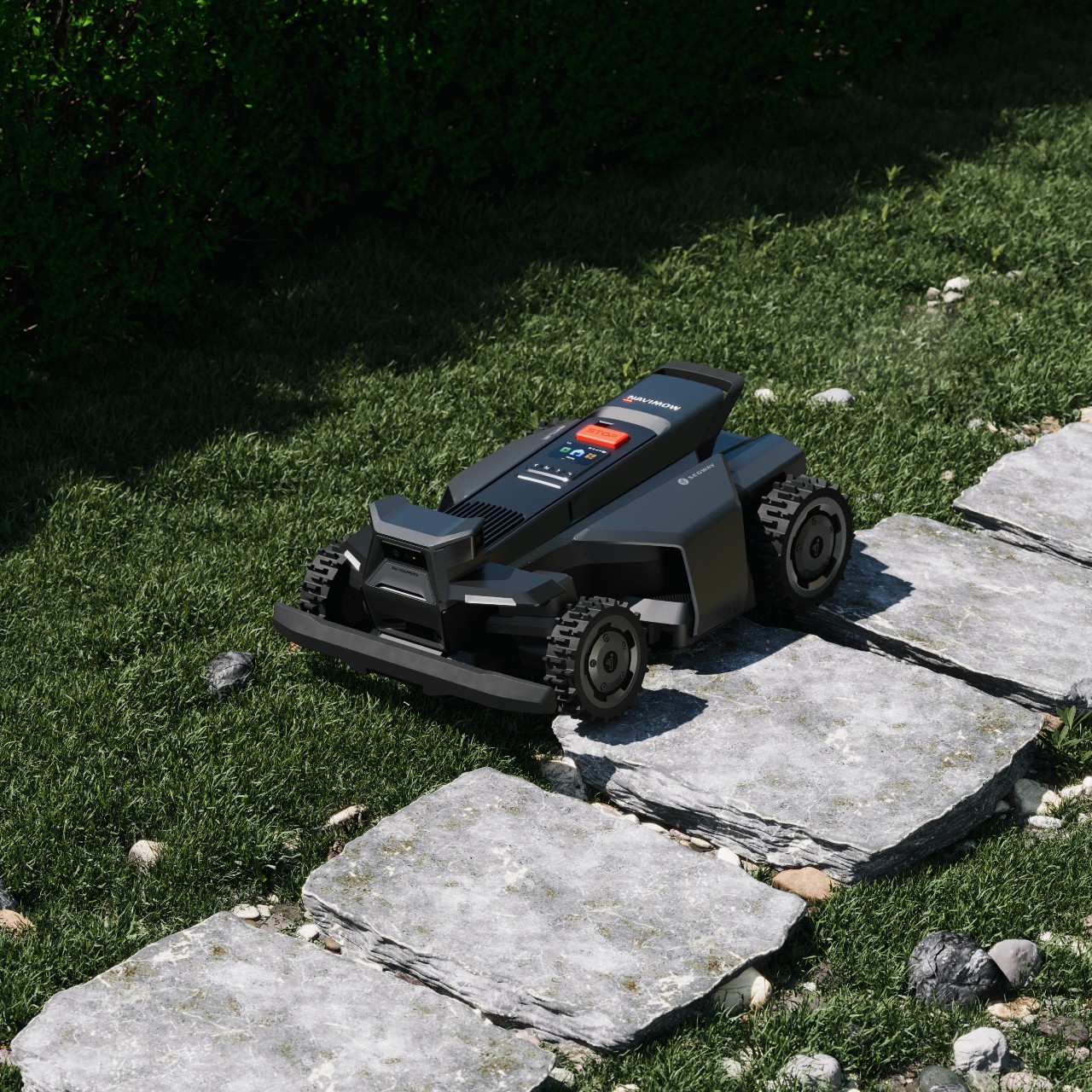 A robotic mower navigating turf edges along stone pathways