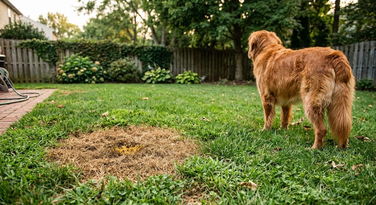 A dead, straw-colored circle with a ring of darker green grass around it in a backyard lawn, a golden retriever standing nearby