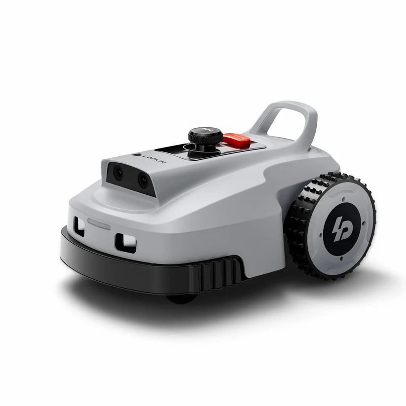 Lopkin L2500 robot mower — front three-quarter view with the twin-lens 3D camera and STOP button