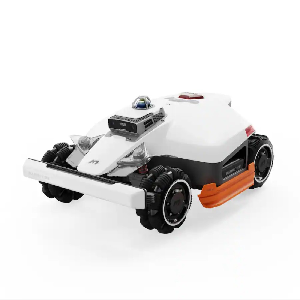Mammotion LUBA 3 AWD — front view with the 360° LiDAR dome and AI camera module