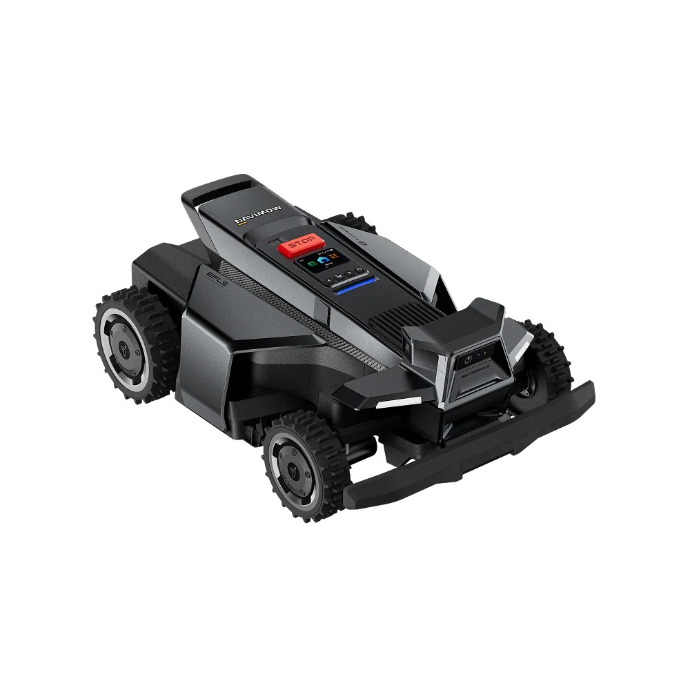 Segway Navimow X4 (X430/X450) — front view with onboard display, STOP button and VisionFence camera