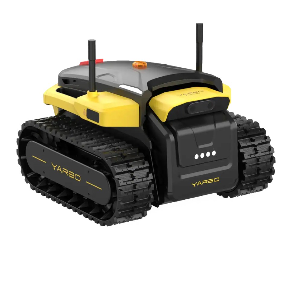 Yarbo Core with Mower module — front view on rubber tracks with dual antennas