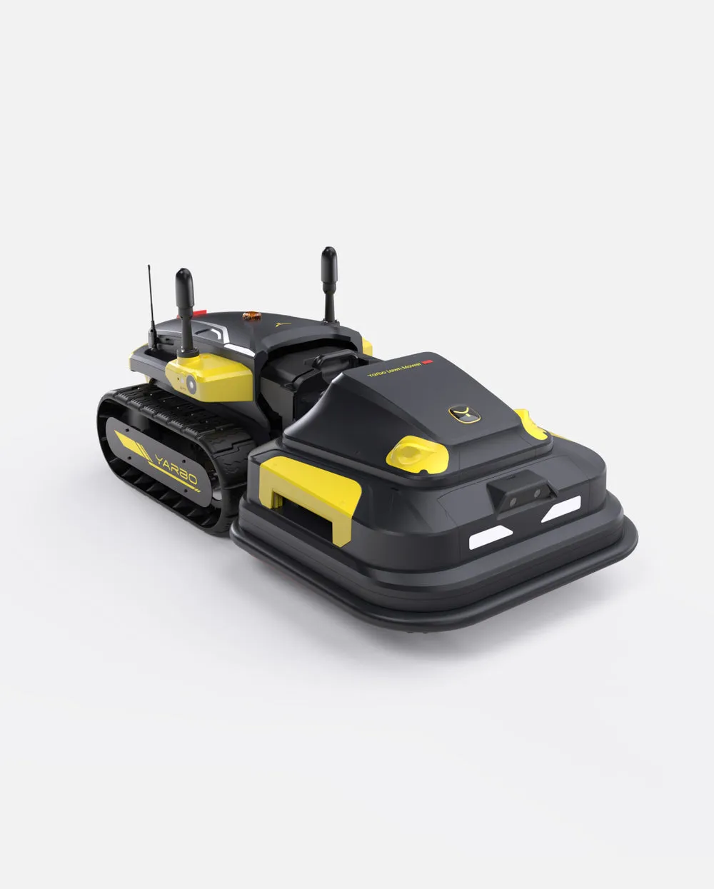 Yarbo Y40P Core with the Lawn Mower Pro module attached — tracked drive, dual antennas and the stereo camera