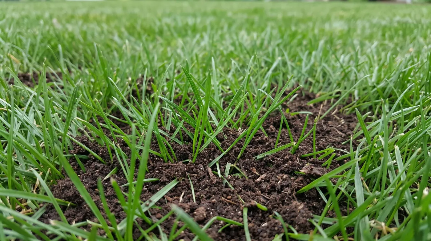 Young grass growing up through a fresh layer of dark organic compost
