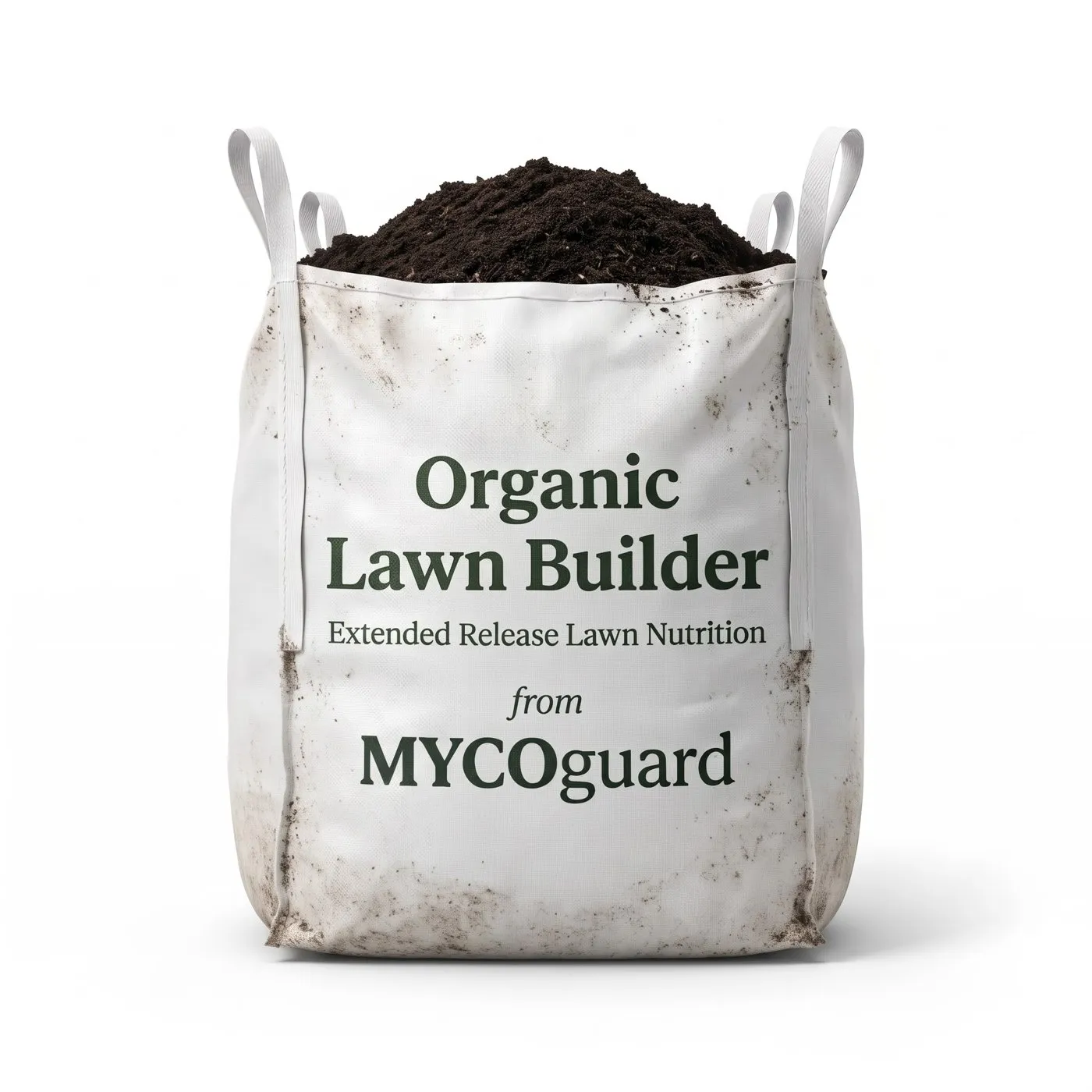 A 400 lb bulk bag of Organic Lawn Builder from MYCOguard, filled with dark compost