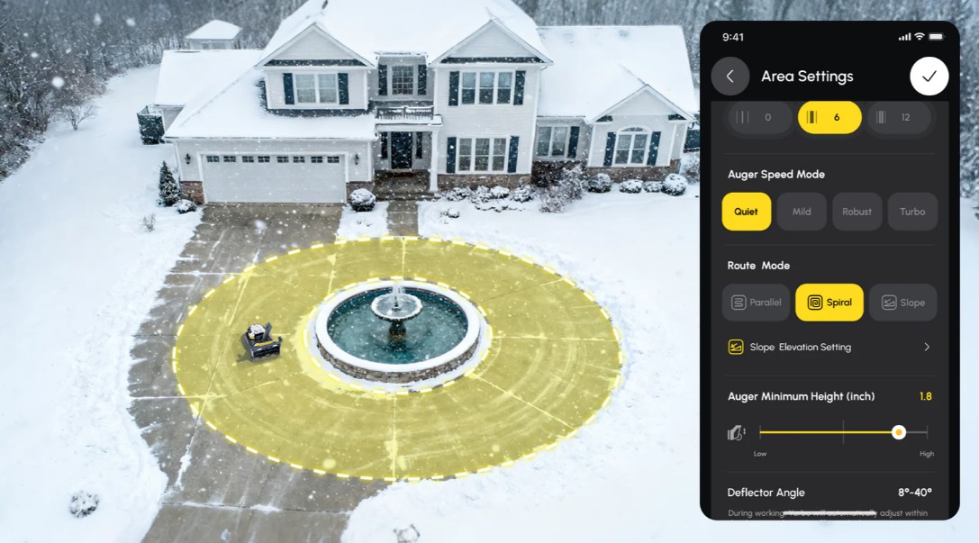 A circular driveway with the Yarbo's spiral clearing route drawn, next to the app's Area Settings showing Spiral route mode