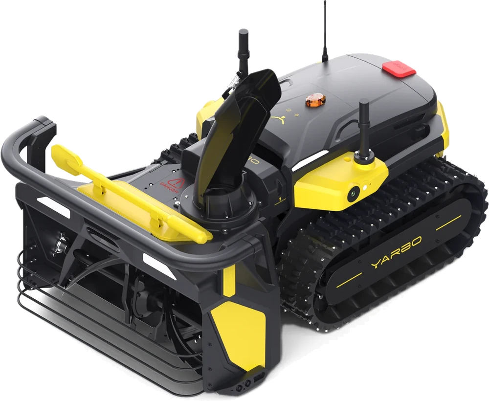 The Yarbo Snow Blower — the tracked self-driving Core with the two-stage blower module mounted, chute up, seen from the front
