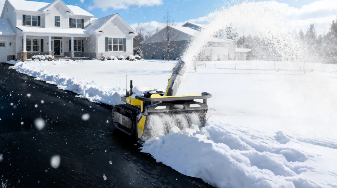 The Yarbo Snow Blower clearing a large asphalt driveway to the pavement, throwing snow clear of the surface