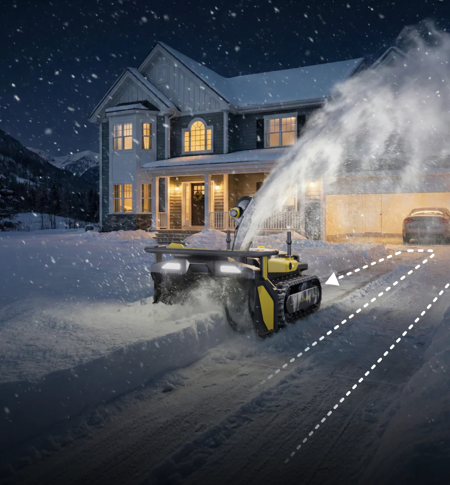 The Yarbo clearing a driveway at night with its RTK route drawn