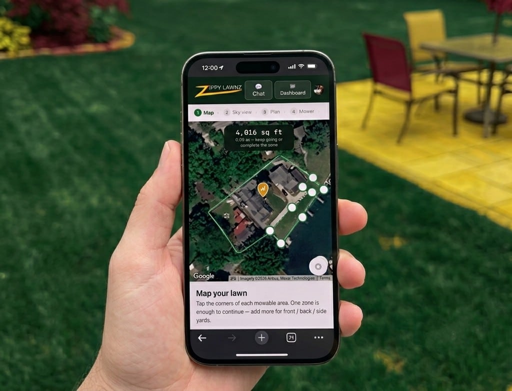 Mapping a lawn on a smartphone with Zippy Lawn Mapping, standing in the backyard